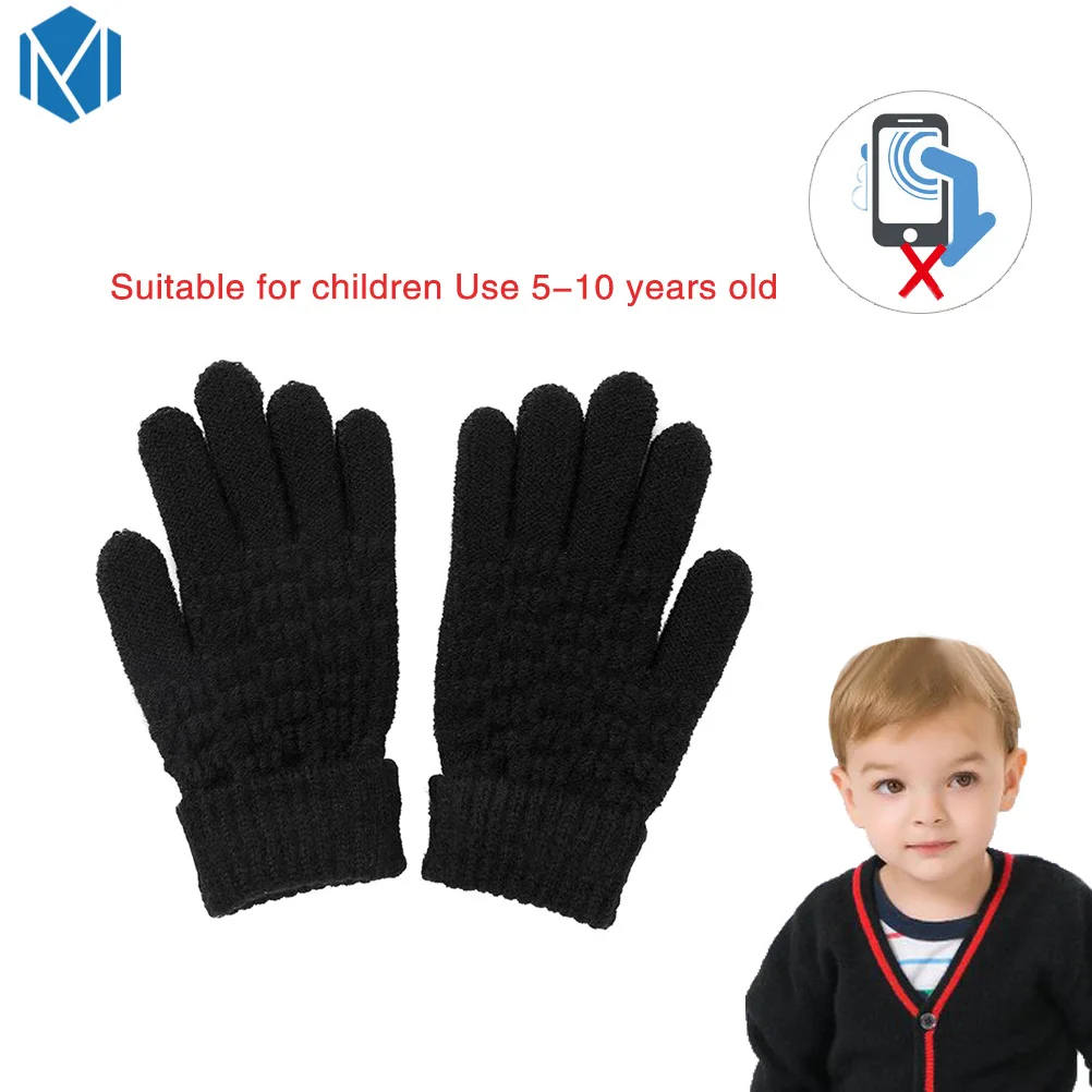 Вязаные перчатки для женщин, мужчин, детей, теплые зимние, модные, полные митенки для пальцев, женские, эластичные, вязаные крючком, плотные, шерстяные, для экрана, Luvas - Цвет: Kids no velvet black