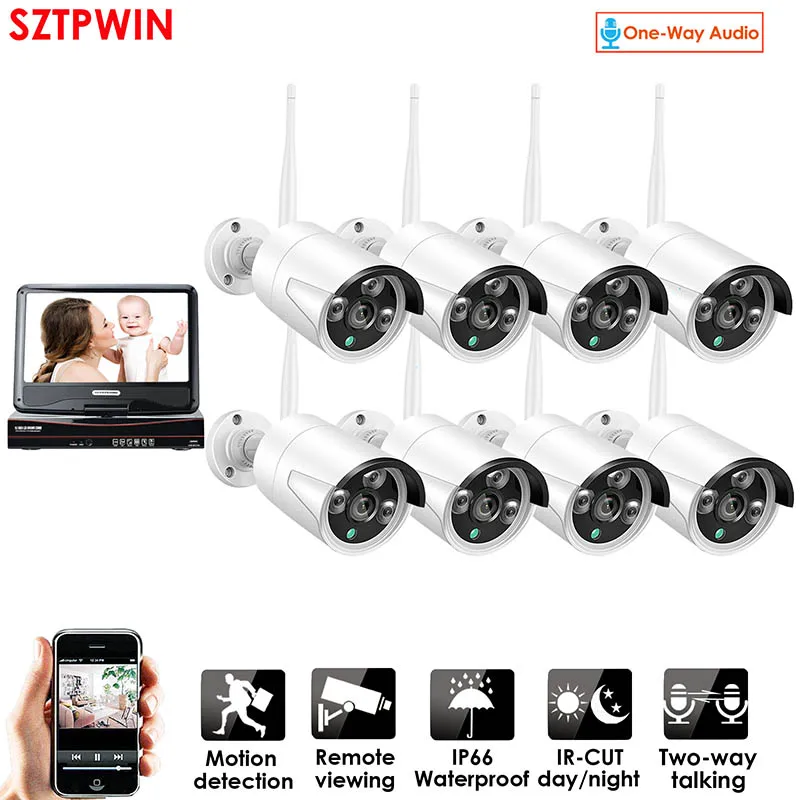 8ch single-way audio 8CH аудио talK HD беспроводной LCDNVR комплект P2P 1080P Крытый Открытый ИК ночного видения безопасности 2.0MP IP камера wifi CCTV системы - Цвет: 8ch single-way audio