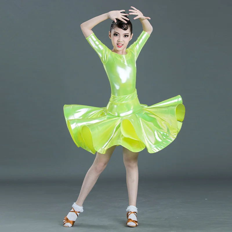 Fluorescent green Одежда для бальных танцев с рюшами и цветочным рисунком для латинских танцев; платье для соревнований для девочек; детская юбка для занятий сальсой, танго, ча-ча - Цвет: Fluorescent green