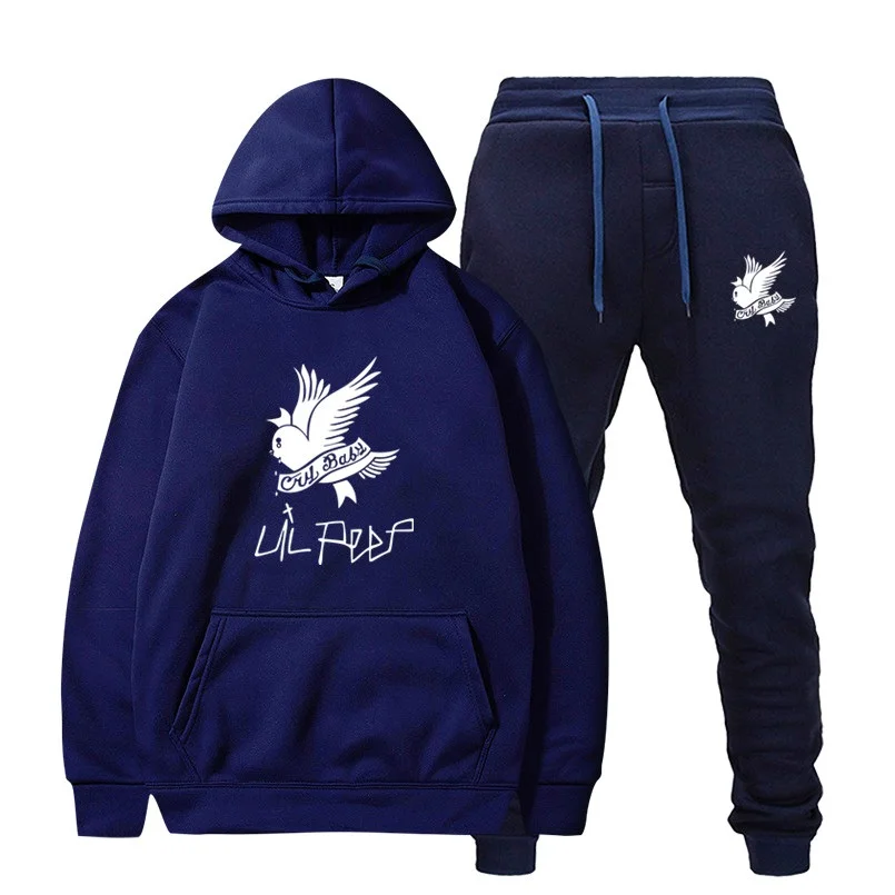 Navy blue RIP Lil Peep толстовки+ спортивные штаны костюмы Lil Peep Толстовка с принтом птицы для мужчин и женщин флисовая уличная одежда Харадзюку хип-хоп толстовки наборы - Цвет: Navy blue