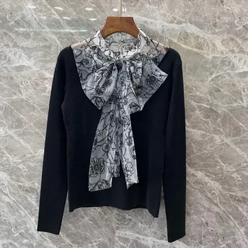 

Women's Bow Patchwork Collar Knit Pullover Sweater Long Sleeve Floral Print Elegant Office Lady Tops