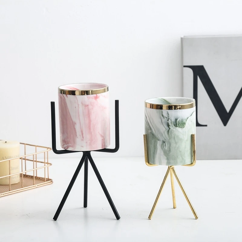 European Style Living Room Decoration Ornament Metal Frame Ceramic Vase Succulent Flower Pot Ceramic