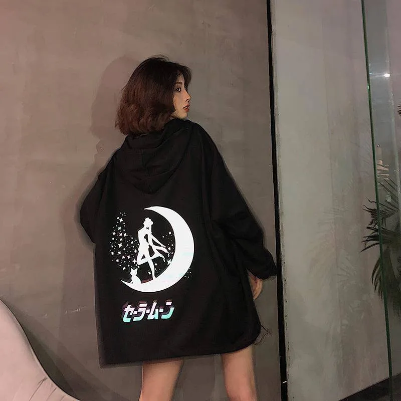 Harajuku японский мультфильм Светоотражающие печати толстовки для женщин панк Негабаритных Толстовки с капюшоном крутой пуловер уличная Толстовка для девочек