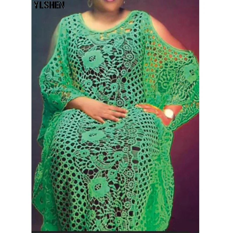 Plus Size Long African dresses for women Dashiki fashion Water-soluble lace loose skirt with beaded embroidery boubou africain 06
