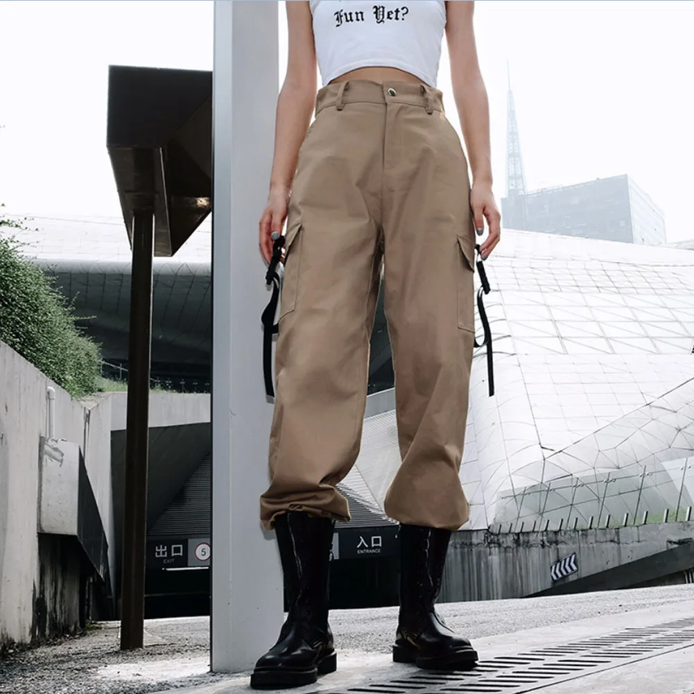 Meihuida женские модные повседневные брюки-карго с высокой талией, свободные штаны для танцев в стиле хип-хоп, военные карманы для бега, походные брюки