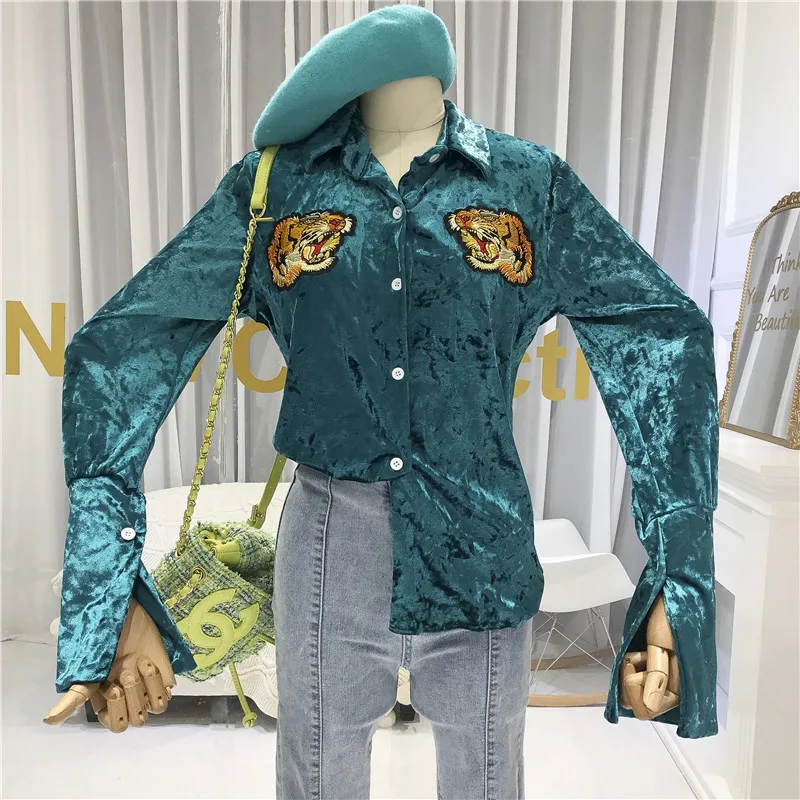 

VELOUR Embroidery Animal Blouse Women High Street Turn-down Collar Blusas Mujer De Moda 2019 Slim Womens Shirts Long Sleeve