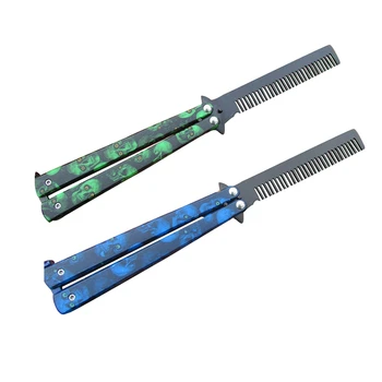 

2 Pcs Hairdresser Stainless Steel Butterfly Training Combs Skeleton Folding Knife Practice Hair Brushes, Green & Blue