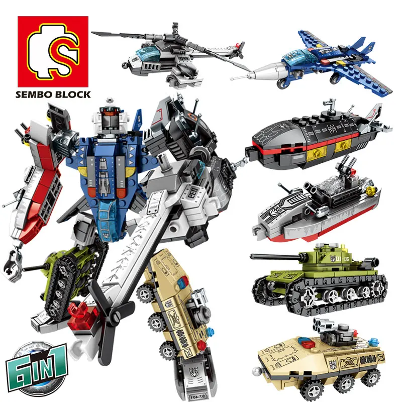 

SEMBO 6in1 Fighter Helicopter Transformers Robot Toys Bricks Military Armored Tank Vehicle Model Building Blocks Gifts for Kids