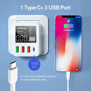 

4 Ports 30W USB Charger Type C USB Quick Charge 3.0 Charger Plug LED Digital Portable USB Charge Adapter For iPhone Android