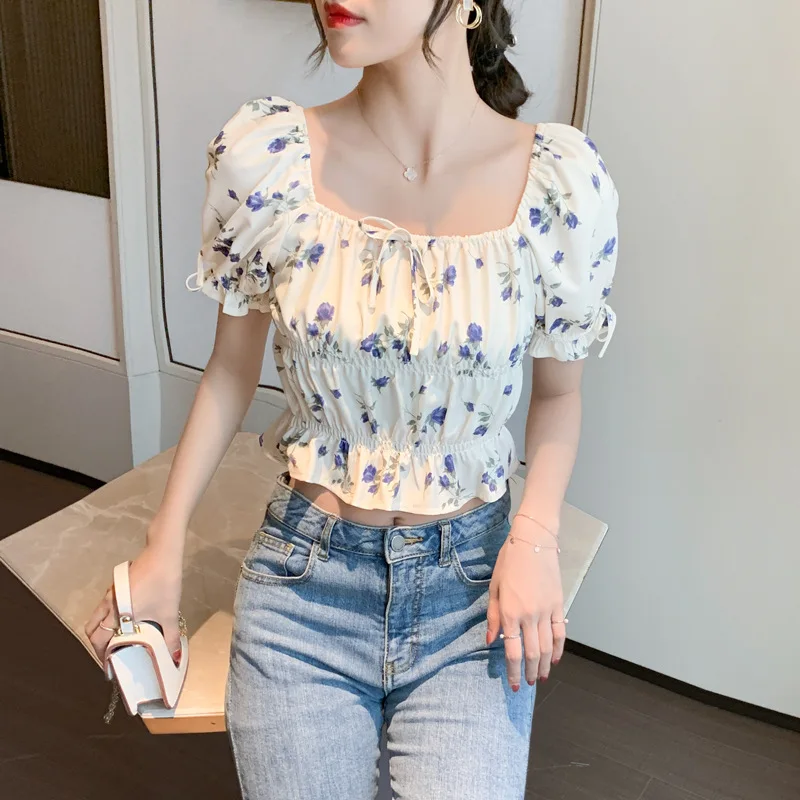 

Vintage Puff Sleeve Women Blouse Square Neck Korean Style Tops Elegant Sexy Floral Print Flower Short Slim Crop Top Blouse Women