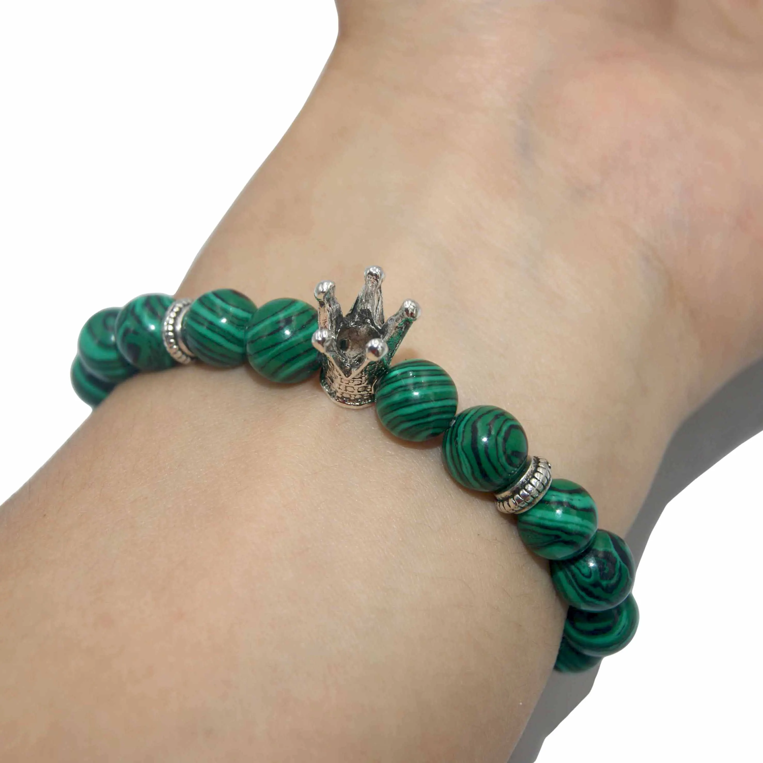 Malachite Натуральный камень Серебристая Корона Браслет Лазурит Агаты тигровый глаз камень Бусины Йога браслет ювелирные изделия для мужчин женщин друг подарок - Окраска металла: Malachite