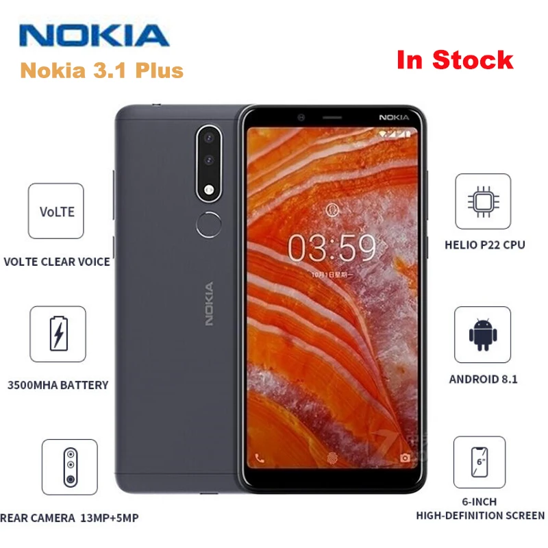 

Nokia 3.1 Plus 4G Phablet 6.0'' Android 8.1 MTK 6762 Octa Core 2.0GHz 3GB+32GB 13MP+5MP Rear Cam Fingerprint 3500mAh Smartphone