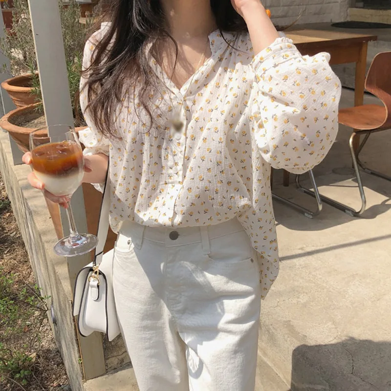 Autumn Korean Style Blouses Fall Sweet Cute Soft Flower Pattern Chiffon  Long Sleeve Top Shirts - Pullovers - AliExpress