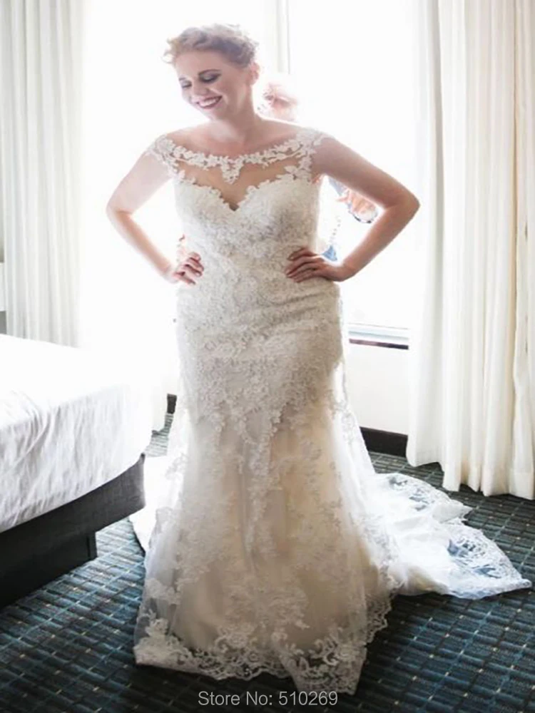 

Fit and Flare Bateau Sheer Neckline Capped Sleeves Wedding Dresses Bridal Gown Custom Made Vestido De Novia