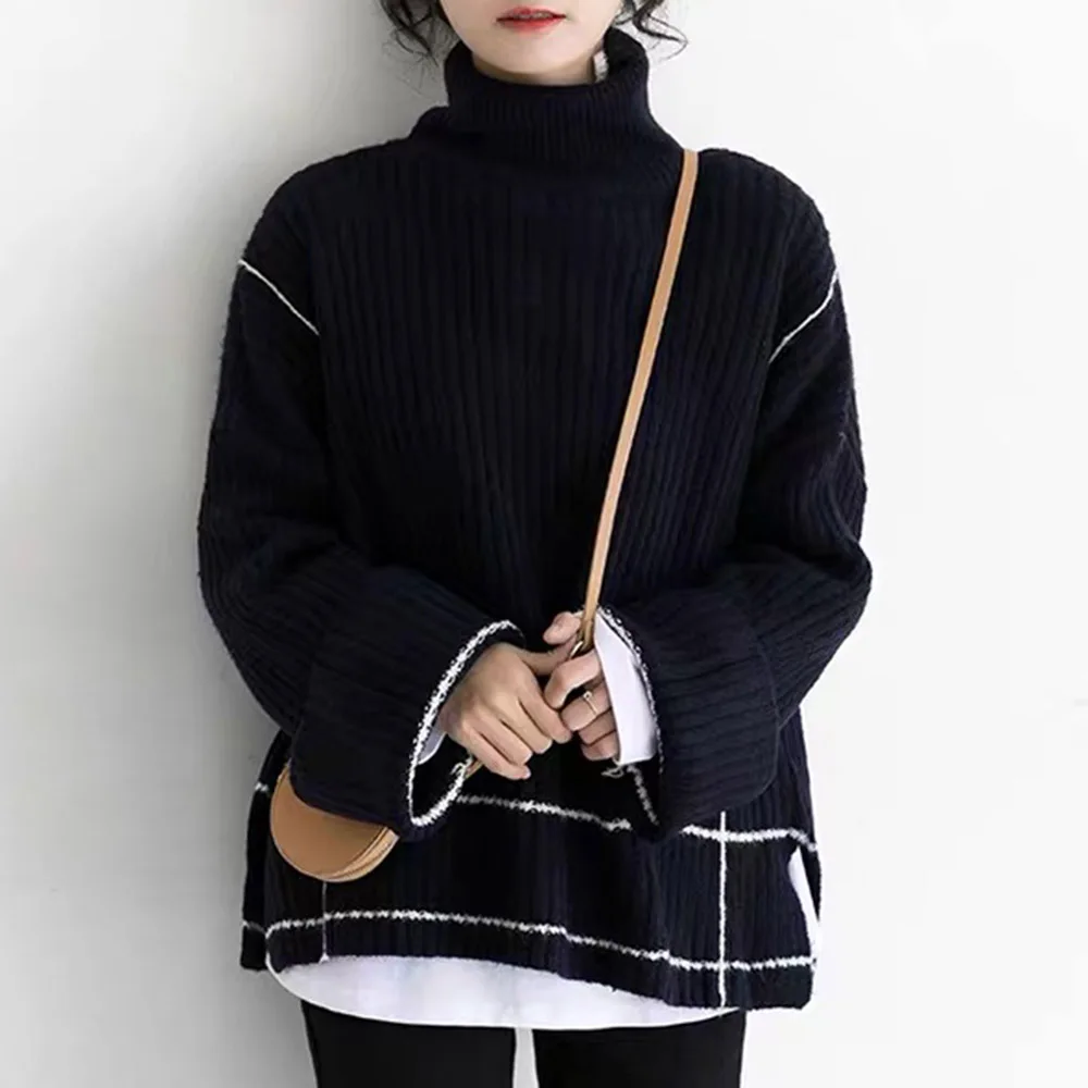 

Turtleneck Sweater Korean Women Solid Color 2020 Black Loose Lazy Autumn And Winter Fashion Round Neck Knitting Jumper Slim