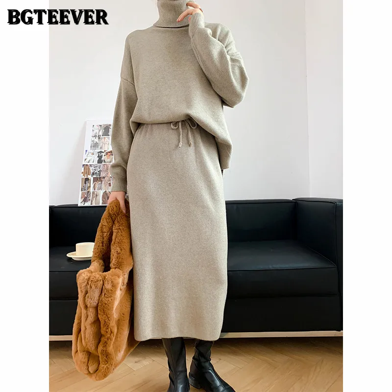 

BGTEEVER Elegant Women Sweater Set Turtleneck Pullovers & Elastic Waist Drawstring Skirts Ladies Knitted Set Autumn Winter