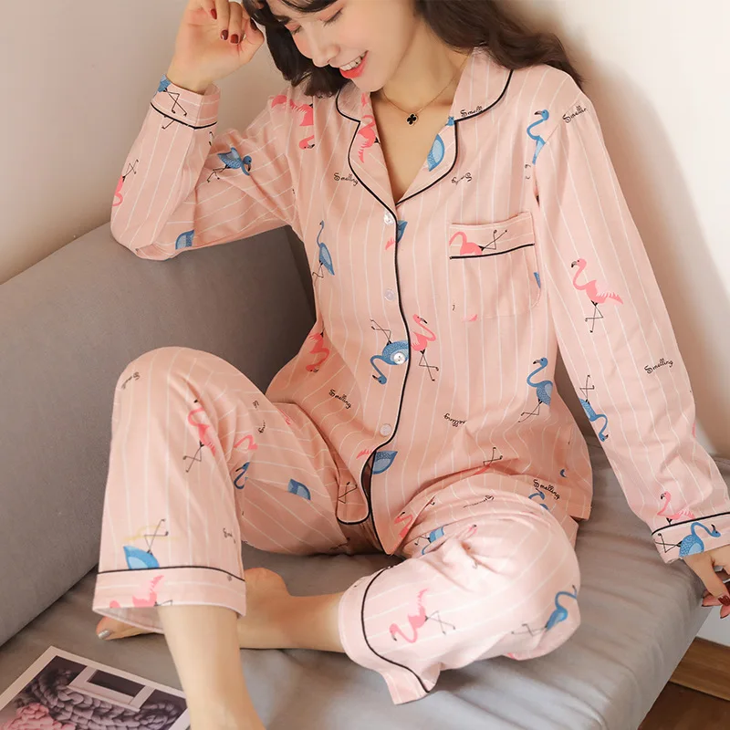 

Pajamas Women's Spring And Autumn Pure Cotton Long-sleeved Shirt Small Fold-down Collar Cardigan Loose-Fit Korean-style-Outer We