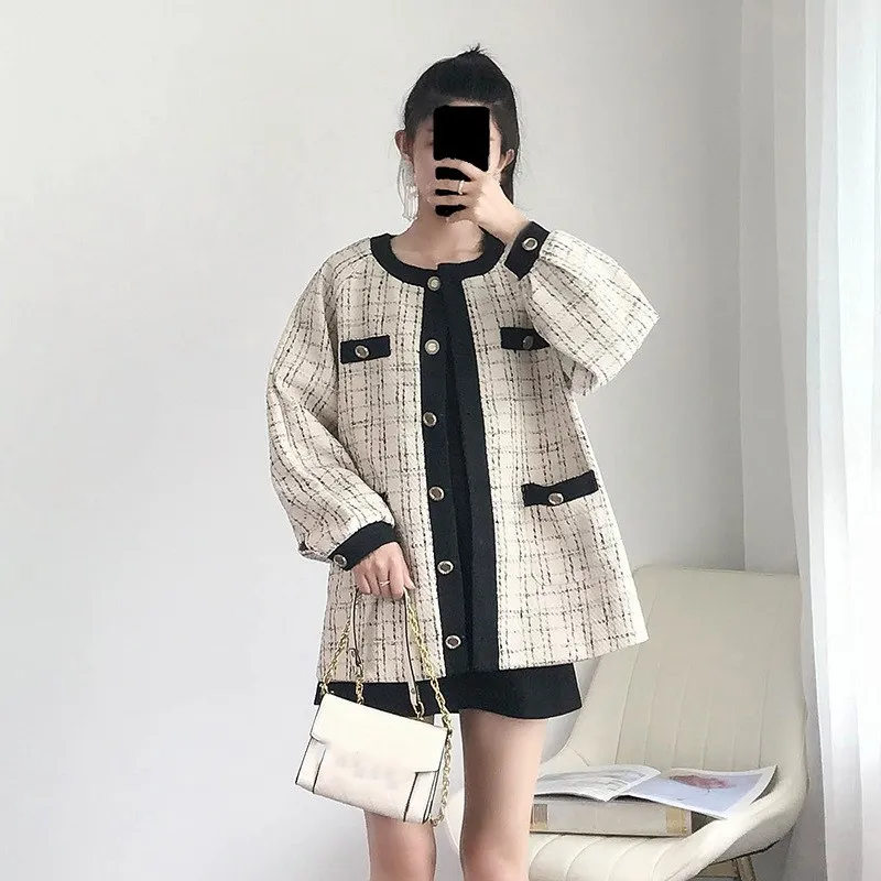 WHITNEY WANG Осенняя мода уличная цвета контрастный твидовый в клетку куртка пальто Женская стильная верхняя одежда