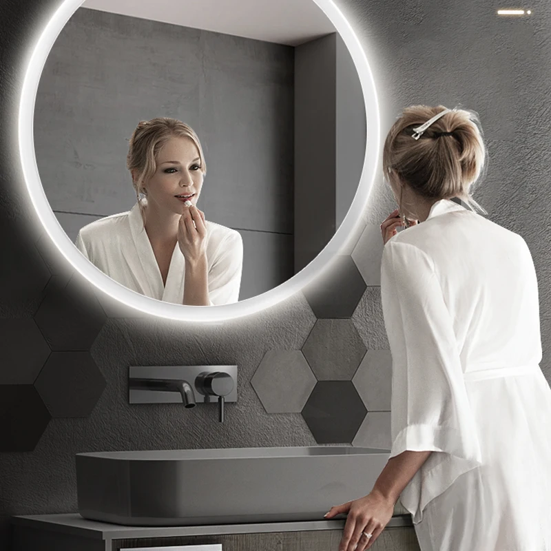 40/50/60cm redondo espelho de banheiro maquiagem inteligente ajustável 3 cor brilhante led luz multifunction com defogging alto-falante bluetooth