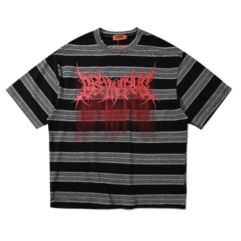 

Mens Stripe Print T Shirt Hiphop Oversize Vintage Tshirts 2020 Summer Unisex Short Sleeve Black Tees 100%Cotton Couple Tops
