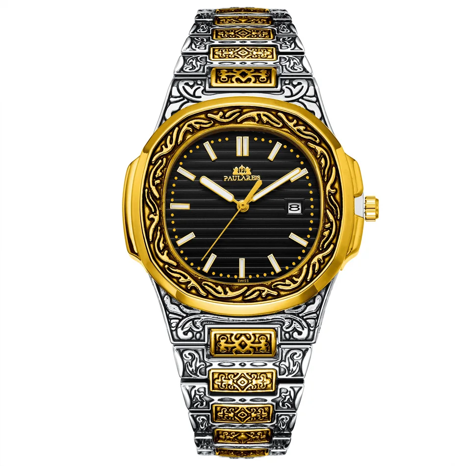 Half Gold Black Мужские Винтажные светящиеся часы в античном стиле, розовое золото, желтое золото, серебро, 2 тона, Модные Синие Серые кофейные Модные кварцевые роскошные часы - Цвет: Half Gold Black