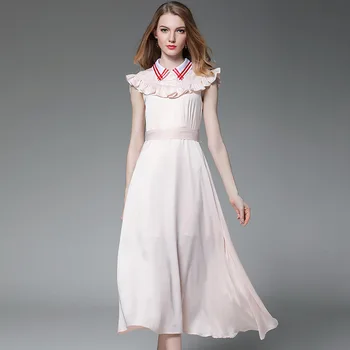 

Pink Dress Fairy Sleeveless Ruffles Summer 2019 New Belt Waist Slim A-Line Chiffon Butterfly Sleeve Silk and Satin Preppy Style