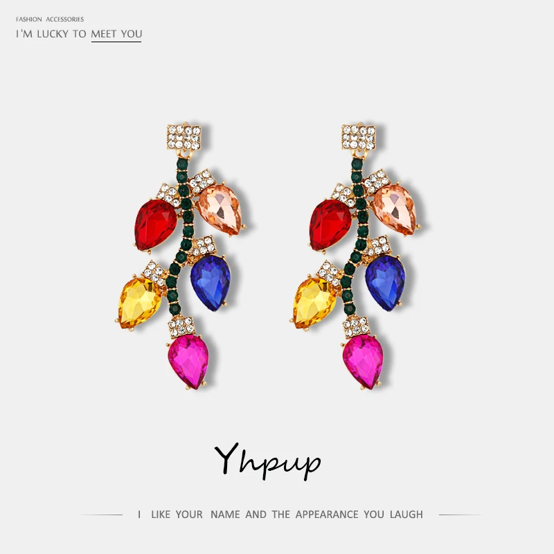 

Yhpup New Fashion Colorful Rhinestone Leaf Plant Dangle Earrings Brand Temperament Brincos Female Accessories Europe and America