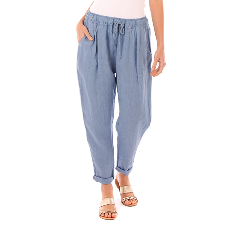 Light Blue ZANZEA, винтажные женские штаны, модные женские брюки-карандаш с эластичным поясом, с карманами, однотонные Хлопковые Штаны, уличная одежда - Цвет: Light Blue