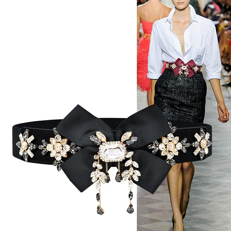 

H3488 Fashion Girl Wide Waist Belt Ladies Bowknot Diamond Decoration Elastic Waist Seal Women High Quality Luxury 4cm Waistband