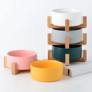 

Pet Food Water Feeder Cute Cat Dog Bowls Dog Food Container Ceramics Bowls with Wood Stand Small Cats Dogs Pet Supplies 750ml