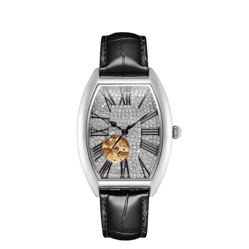 

Devena Automatic mechanical watch Women Full Diamond Watch lady Cask-type Waterproof Watches Leather Straps Hollow Clock ladies