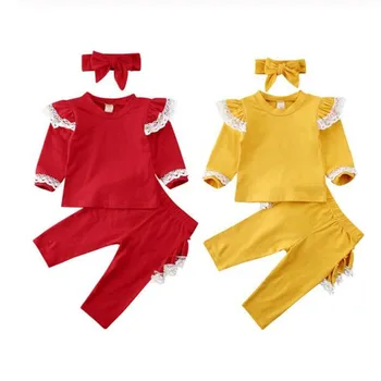

Baby Girl Red Clothes Set Newborn Infant Lace Ruffle Long Sleeve Solid Round Neck T-shirt Pants Headband Clothing Outfits 3PCs