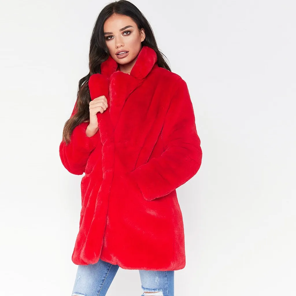 Пальто из искусственного меха женское осенне-зимнее шерстяное пальто модная женская зимняя теплая однотонное длинное пальто куртка с карманами Верхняя одежда# g3