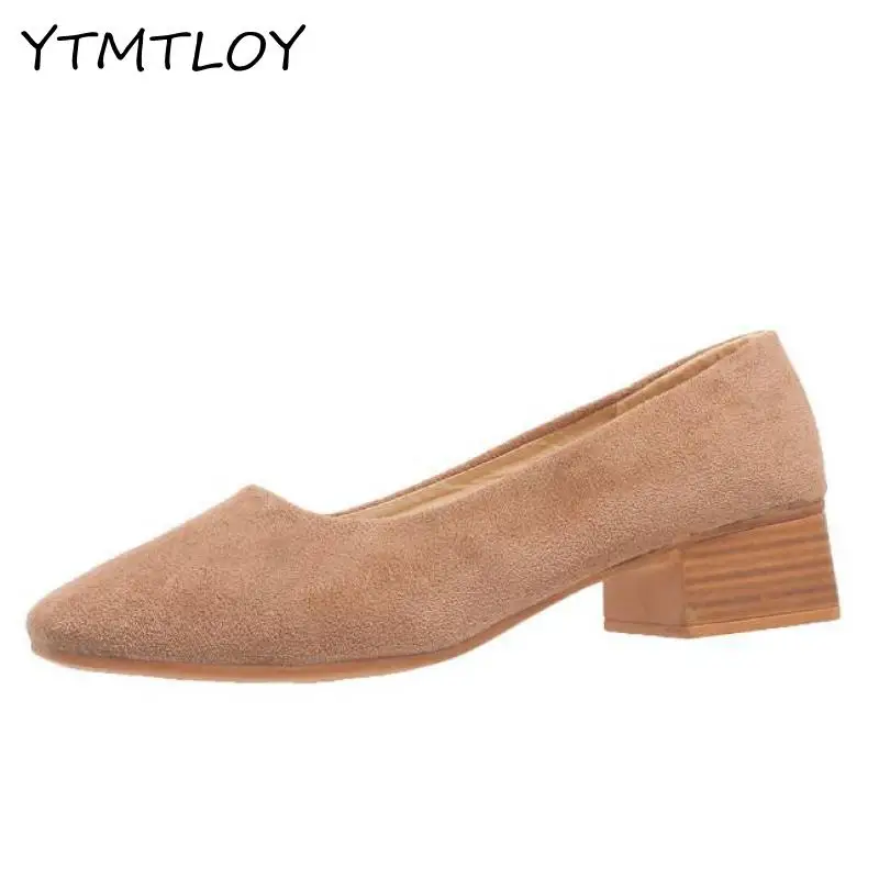 Shoes Woman 2020 Spring Black Slip On Square High Heels Shoes Women Flock Point Toe Low Heels Female Shoes Office Ladies  Zapato