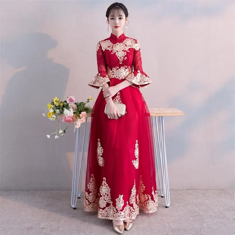 style A Стильное сексуальное кружевное Сетчатое свадебное платье с цветочным узором; вечернее платье; китайский свадебный тост; улучшенное платье Qipao; Vestidos; Размер s-xxl - Цвет: style A