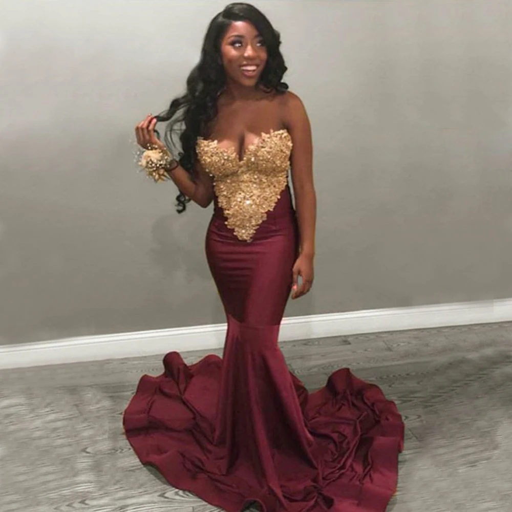 Vestidos de fiesta Charming Burgundy African Evening Dress Strapless Gold Beaded Lace Elastic Satin Mermaid Prom Party Dresses