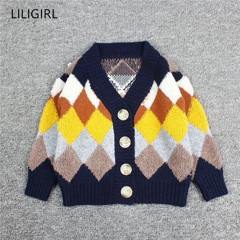 LILIGIRL/ г.; свитера для маленьких мальчиков и девочек; одежда; Вязаная Детская куртка в клетку с длинными рукавами; Детский кардиган; пальто; зимний свитер; рубашка