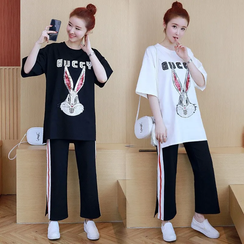 

Maternity Clothes Summer Wear Set Fashion Models Sequin Embroidered Printed Shirt Webbing Joint Wide-Leg Maternity Pants Set