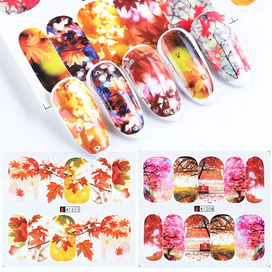 

1pc Autumn Nail Stickers Gold Maple Leaf Water Sliders For Nails Polish Wraps Manicure Temporary Tattoos Stickers LAA1201-1212-1