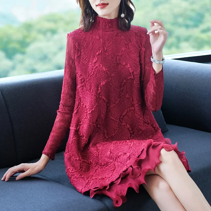 Плюс размер платье с длинным рукавом платье осень новая Женская водолазка большая стрейч Miyake плиссированная свободная Лоскутная искусственная одежда из двух частей для женщин вес 45-75 кг