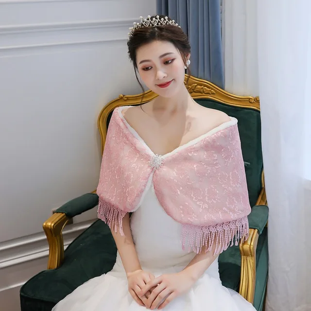 pink Новая кружевная накидка из искусственного меха, теплая большая шаль, зимняя Свадебная накидка, свадебные аксессуары, модные женские Меховые болеро, куртка ручной работы - Цвет: pink