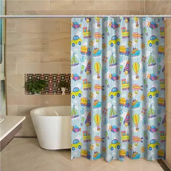 

Kids Odorless Waterproof Shower Curtain Transportation Themed Toy Vehicles and Icons Pattern on Stripes and Fluffy Clouds Large
