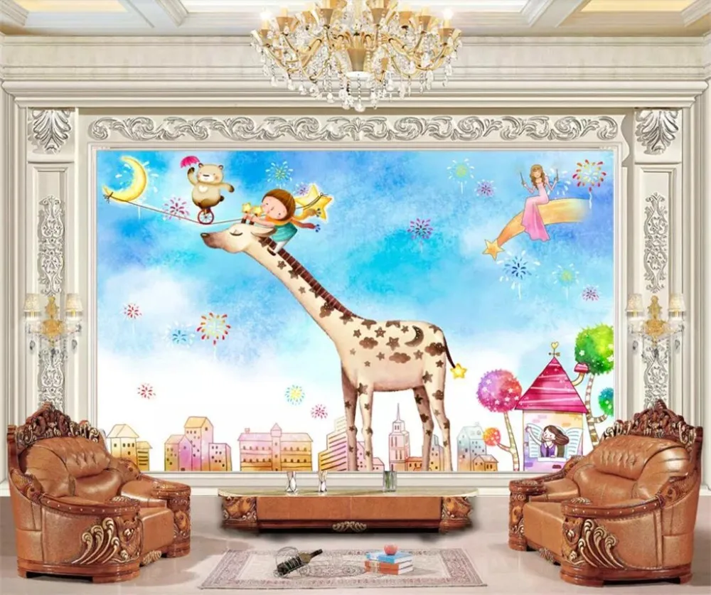 

Drop Shipping Custom Photo Wallpaper 3d Murals Cute Cartoon Animal Giraffe Living Room Kids Room Background Wall Paper 3d Mural