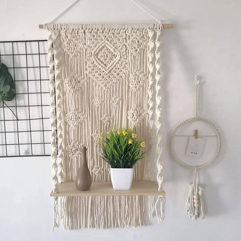 

Nordic Style Hand-Woven Tapestry Rack Living Room Home Hotel Homestay DecorationTapestry Wall Hanging with Plant Book Storage