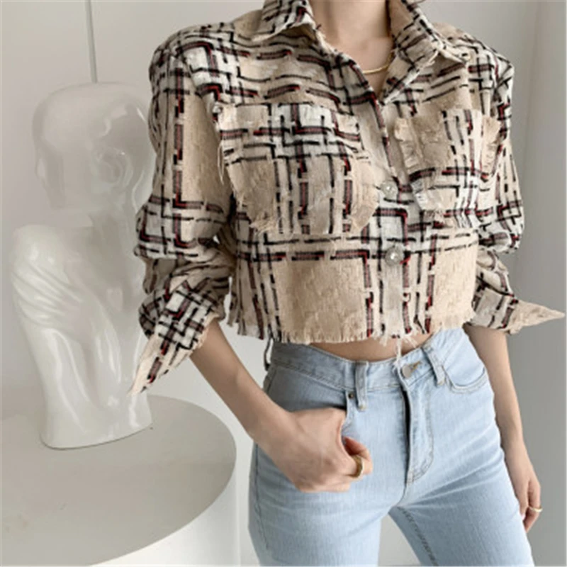 

RUGOD INS British Style All-match Shirt Top Fashion Lapel Plaid Short Shirts for Ladies O-neck Female Outfit