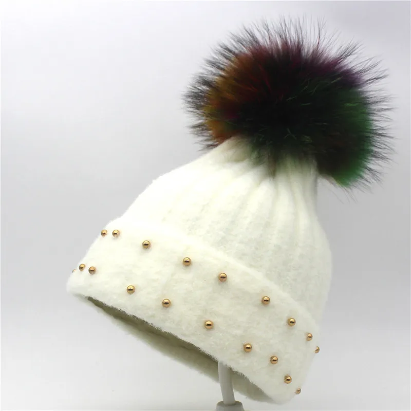 Ditpossible новые модные вязаные шапочки skullies для девочек кепки разноцветные шапки из натурального меха помпон зимняя шапка