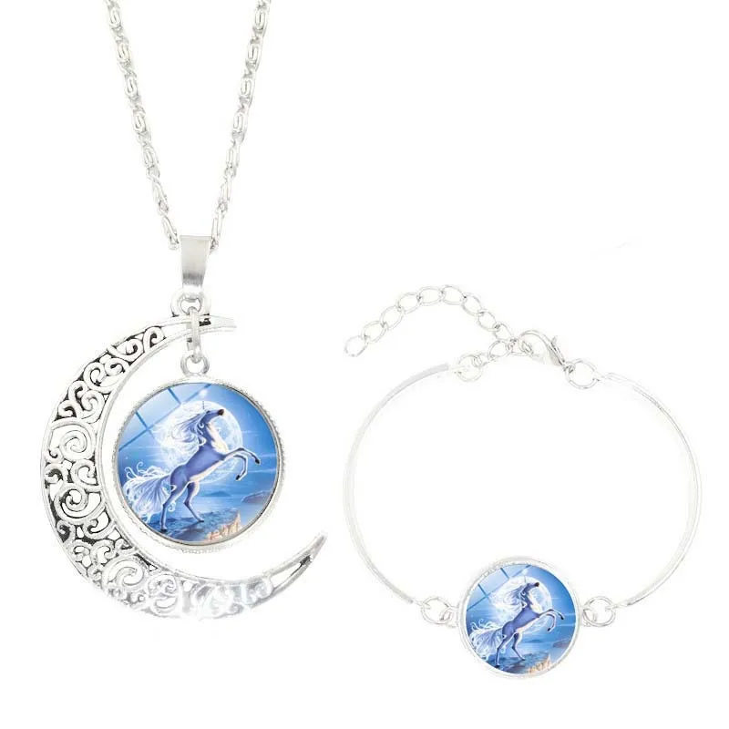 

Pegasus Unicorn Time Stone Glass Necklace Bracelets Ornament Set Hot Sales