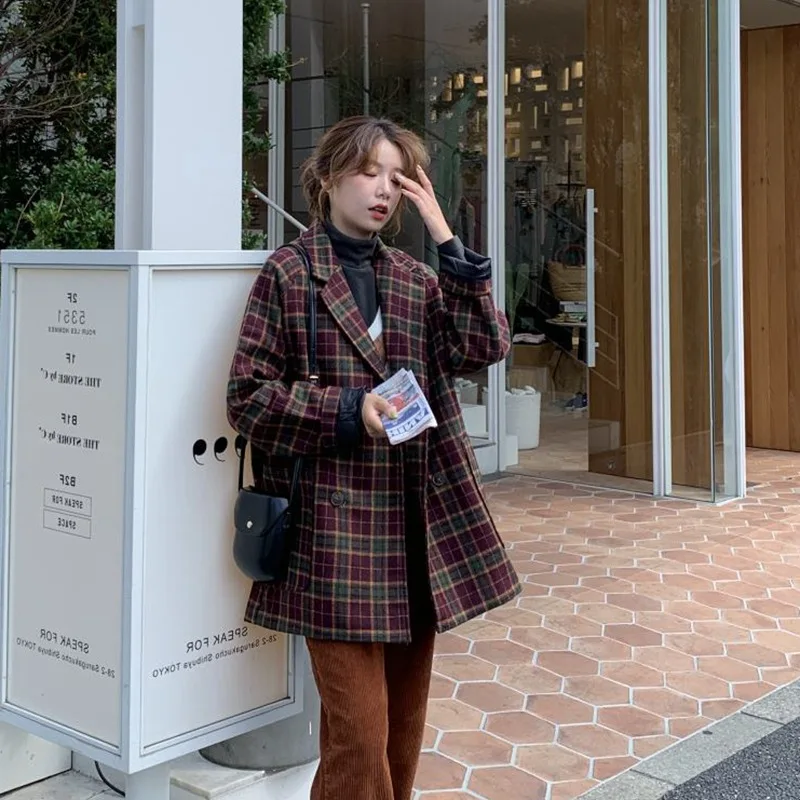 

Photo Shoot CHIC Weep Yafeng Retro Contrast Color Plaid Mid-length Suit Collar Double Breasted Wool Duffle Coat Women's