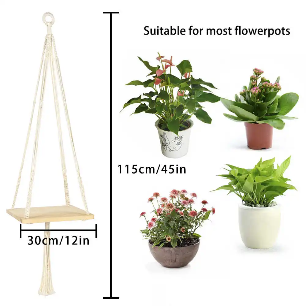 Square Macrame Shelf Planter Hanger for Indoor Plants with Wooden Shelf Bohemian Hanging Plant Stand for Modern Homes Decor Home Goods - Цвет: Square