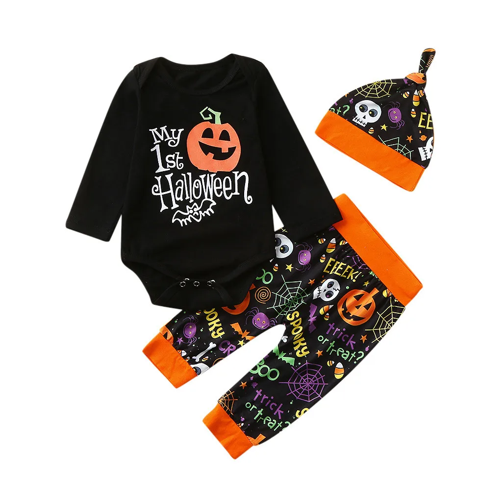 New Winter Party-wear Costume Infant Clothing Set Baby Boy Girl Halloween Letter Romper Bodysuit+Cartoon Pants+Hat Outfits